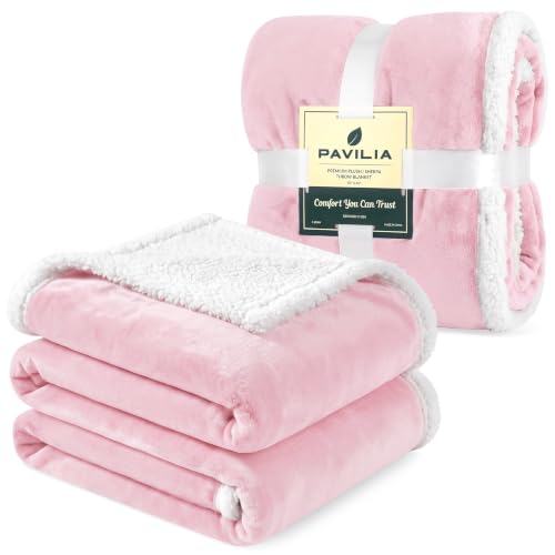 PAVILIA Sherpa Fleece Throw Blanket for Couch, Light Pink, Plush Soft Fuzzy Sofa Blanket, Cozy Reversible Winter Throw for Women Men, 50x60 Inches