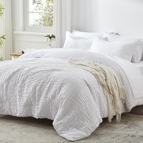 Queen Comforter Set 7 Piece, White Bed in a Bag Queen Size Bedding Sets - Zzlpp Seersucker OEKO-TEX Certified Down Alternative Comforter with Breathable sheets&pillowcases,Lightweight,All Season