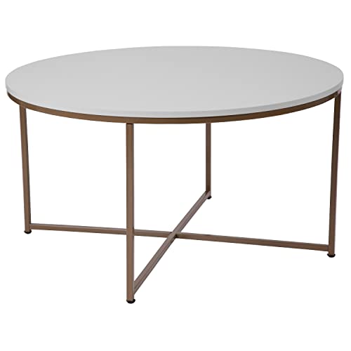Flash Furniture Hampstead Collection Coffee Table - Modern White Finish Coffee Table - Crisscross Brushed Gold Frame