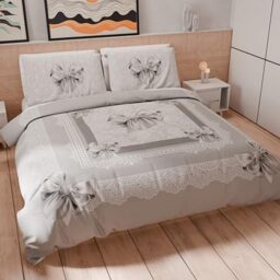PETTI Artigiani Italiani - Double Duvet Cover 200 x 200 cm, Microfibre Duvet Cover with Digital Print + 1 Pillowcase 50 x 80 cm - Made in Italy - Grey Bow