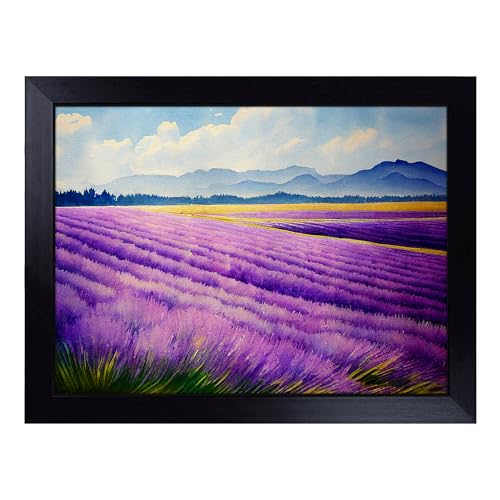Lap Tray with Bean Bag Cushion, Watercolour Lavender Field - Handmade in the UK, Raised Wooden Edge, Padded Cushion, Heat-Resistant Wipe-Clean Surface, for Meals, Laptops and Crafts