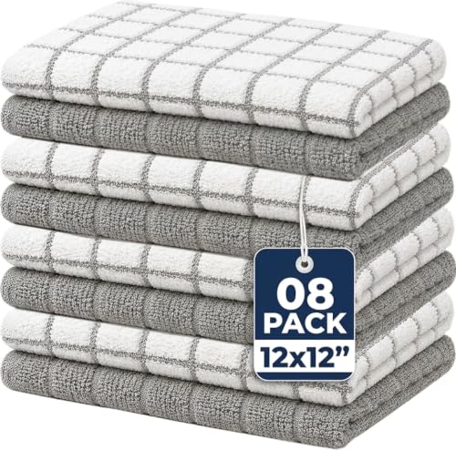 "Bumble Premium Cotton Dish Cloths (12"" x 12"") Grey Check Design - Highly Absorbent - Natural Ring Spun Cotton - Kitchen Dish Towel Set - 380 GSM - 8 Pack"