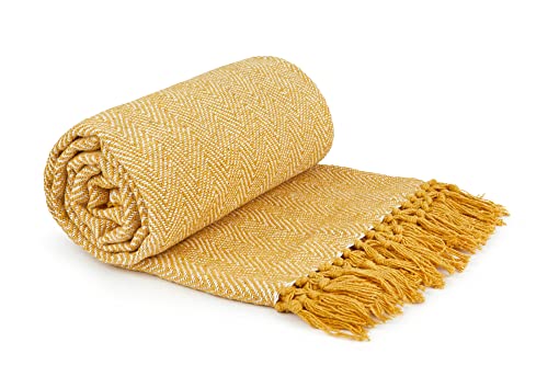Emma Barclay Herringbone - Recycled Cotton Patterned Chair Sofa Setee Bed Throw Over Blanket in Ochre Yellow - 90x100 (228x254cm)
