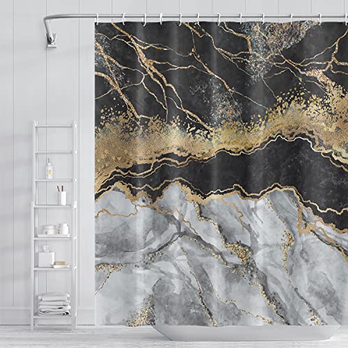 Umpoo Black and White Marble Bathroom Shower Curtain Abstract Gold Sand Artistic Bath Curtain with Hooks Waterproof Polyester Fabric Shower Curtains for Modern Luxury Bath Decorative, 48x72 Inch