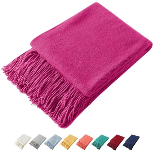 Homiest Decorative Knitted Throw with Fringe, Lightweight Acrylic Knit Blanket, Soft & Cozy Tassel for Couch Sofa Bed (Fuschia, 50 x 60 Inch)