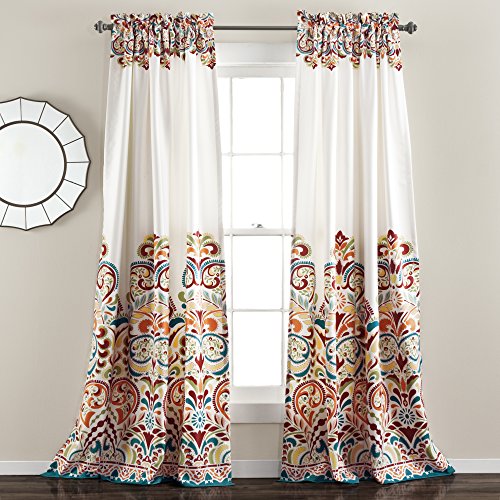 "Lush Decor Clara Curtains Paisley Damask Print Bohemian Style Room Darkening Window Panel Set for Living, Dining, Bedroom (Pair), 52"" W x 95"" L, Turquiose & Tangerine"