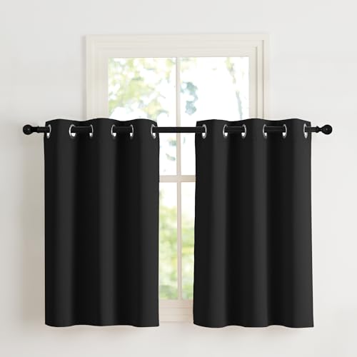 NICETOWN Net Curtains Modern Short Curtain Black Opaque Short Curtains with Eyelets Set of 2 H 90 x W 107 cm Kitchen Curtains Thermal Curtains Short Blackout Curtain H 90 x W 107 cm