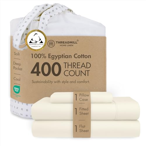 "Threadmill 400TC Egyptian Cotton Twin XL Sheet Set, Sateen, Cream, 3-Piece - 100% Egyptian Cotton, Sateen Weave, 3-Piece Set, 15"" Deep Pocket, All-Around Elastic, Cooling, OEKO-TEX Certified"