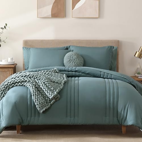 "Monbix Queen Comforter Set, Plain Design Comforter Set 7 Pieces, All Seasons Fluffy Bedding Sets Queen, Lightweight, Warm & Breathable (Dark Green, Queen, 90""x90"")"