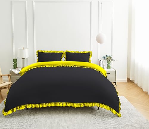GC GAVENO CAVAILIA Ruffles Duvet Cover Sets - 2Piece Polycotton Frill Bedding Single Duvet Cover Set With Pillow Case - Hypoallergenic Reversible Plain Quilt Cover Set 135x200 Cm, Black/Ochre