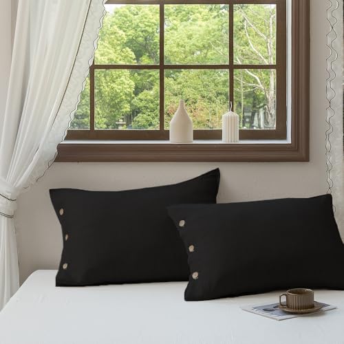 EVERLY 100% Linen Pillowcases Set of 2, French Linen from Normandy, 20X26Inch Standard Size, Natural Color, Coconut Buttons Closure, Flax Pillowshams-Pillowcase-Black