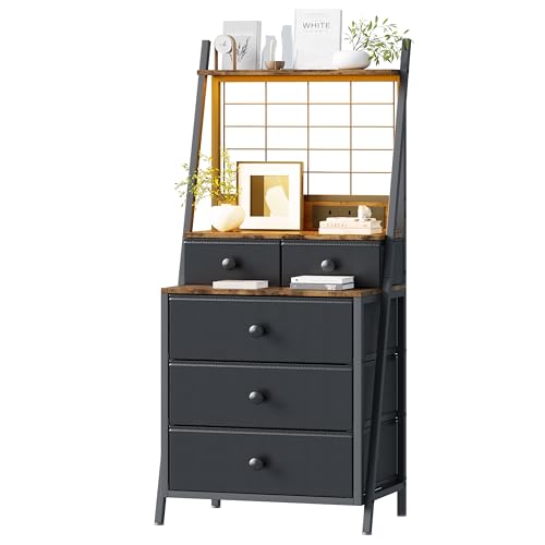 Feonase Tall Bedside Table with Charging Station, Black Bedside Cabinet with LED Lights 5 Drawer Night Stand with 3-Tier Storage Shelf for Bedroom Living Room & Dorm (Black)