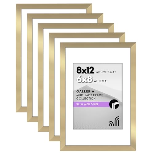 Americanflat 8x12 Picture Frame With Polished Plexiglass - Set of 5 - Use as 6x8 With Mat or 8x12 Without Mat - Galleria Collection - Gallery Wall Set for Wall Display - Gold