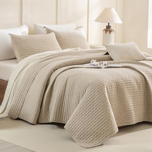 "CozyTide Oversized Queen Bedspread 102""x118"",Wheat Stone-Washed Cotton Lightweight Oversized Queen Quilt,3 Pieces Extra Large Modern Boho Coverlet Set Ultra Soft"
