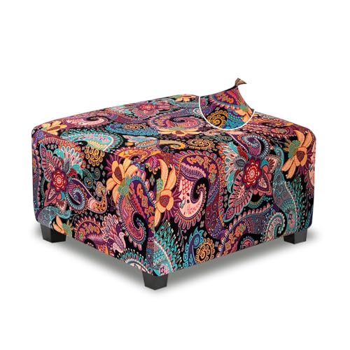 TOPHMDECOR Ottoman Cover Square Slipcovers Printed,Stretch Footrest Stool Cover for Ottoman Square,Soft Foot Stool Cover Protector with Nonslip Elastic Bottom (Medium,Purple)