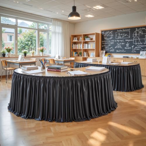 PARTISKY 6ft Length Black Satin Table Skirt for Rectangle Tables-Wrinkle Resistant Ruffle Table Skirting Glitter Desk Cover Skirt for Wedding Birthday Party Office School Dorm Desk Trade Show Decor