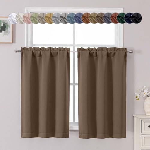 "Chyhomenyc Brown Short Blackout Curtains 45 Inch Length, Small Kitchen Curtain Tier Rod Pocket Half Window Curtains for Bathroom Basement Cabinet Camper RV Bunk, 2 PCS, Each 30"" Wx45 L"
