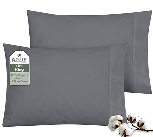"ROYALE LINENS 100% Organic Cotton Percale Pillowcases Set of 2 - King Size Percale Pillowcase - King Set of 2 Pillow Cover - Breathable, Cool & Crisp Grey Pillow Cases (20""x40"", Grey)"