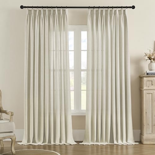 "MASWOND Faux Linen Pinch Pleated Curtain for Living Room, Extra Long Pinch Pleat Semi Sheer Drapes with Hooks for Traverse Rod, Light Filtering Privacy Protection (1 Panel, 52"" W x 108"" L, Linen)"