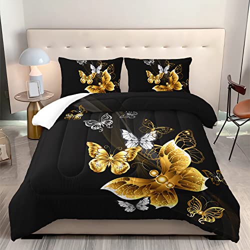 XYNHML Butterfly Comforter Set for Adults Black and Gold Butterfly Bedding Set Aesthetics Butterflies Quilt Duvet Set Queen Size with 1 Comforter and 2 Pillowcases