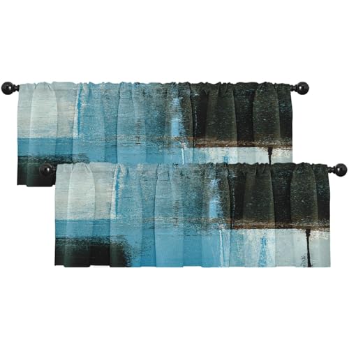 Emvency 2 Pack Valances Window Treatments, Blue and Brown Painting Art Modern Abstract Blackout Adjustable for Living Room Bathroom Bedroom Kitchen Over Sink, 18x52 Inch Rod Pocket Valances