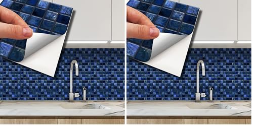 "WALPLUS Pearl Noir Blue Tile Stickers for Kitchen Stairs 15x15cm(6"") Stick on Tiles for Bathroom Transfers Removable Peel and Stick Wall Backsplash Jewel Mosaic Renovation 24 PCS (Pack of 2)"