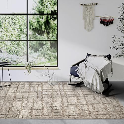 Elle Decor ation High Pile Artistique Rug - Modern Living Room Rug, Long Pile Shaggy, Modern Pattern, Fluffy Soft Boho for Living Room, Bedroom - Beige, 80 x 120 cm