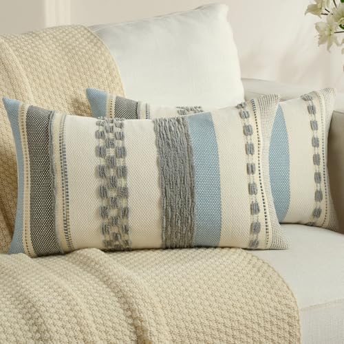 FUTEI Pack of 2 Boho Chenille Decorative Throw Pillow Covers 12x20 Inch Soft Tufted Striped Textured Pillow Case,Farmhouse Accent for Couch Bed Living Room, Grey