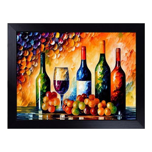 Lap Tray with Bean Bag Cushion, Wine Bottle Painting - Handmade in the UK, Raised Wooden Edge, Padded Cushion, Heat-Resistant Wipe-Clean Surface, for Meals, Laptops and Crafts