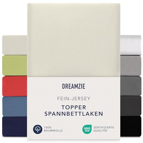 Dreamzie Premium Topper Fitted Sheet 90 x 200 cm - 100 x 200 cm - Extra Low Side Height - for Topper - Fitted Sheet Jersey Cotton, 150 g/m² - Oeko-Tex - Beige