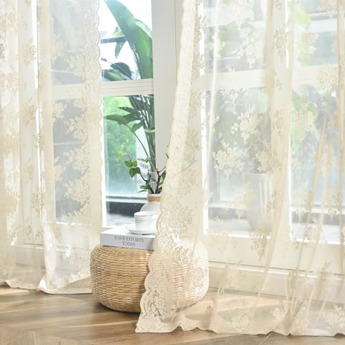 Kotile Beige Sheer Curtains 96 Inche Long for Living Room, 2 Panels Country Rustic Floral Retro Cream Lace Curtains for Bedroom, Rod Pocket Privacy Light Filtering Window Curtain Drapes 8FT, 52x96 in