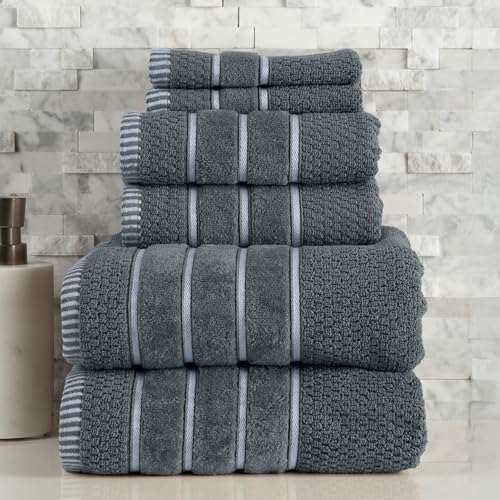 Lavish Home Luxury Cotton Towel Set - Rice Weave 100% Egyptian Cotton 6 Piece Set with 2 Bath Towels, 2 Hand Towels and 2 Washcloths - Silver Gray