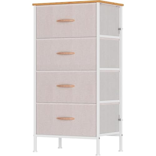 Feonase Chest of Drawers with 4 Fabric Drawers, Large Bedroom Dresser with Wooden Top & Sturdy Metal Frame, Tall Storage Organizer Unit for Bedroom, Living Room (Beige)