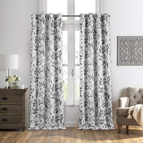 "Elrene Botanical Print Blackout Window Curtain Panel, Poly-linen blend, Grey, 52"" W x 84"" L (Pack of 1)"