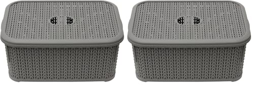 JVL 13-356GY Knit Design Loop Plastic Lidded Rectangular Storage Basket with Handles, Grey, 20 x 28.5 x 12.5 cm, 6 Litres (Pack of 2)