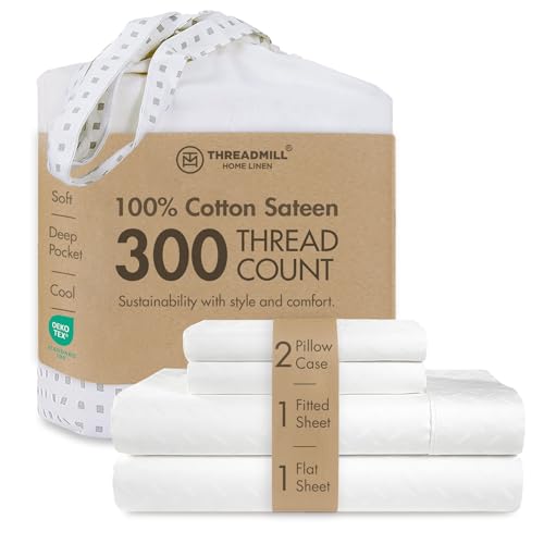 Threadmill Home Linen King Sheets King Size - Pure Long Staple Cotton Astra Jacquard Damask Weave, 4 Piece 300 Thread Count Bedsheet Set, Hotel Quality Hotel White Sheets with Elasticized Deep Pocket