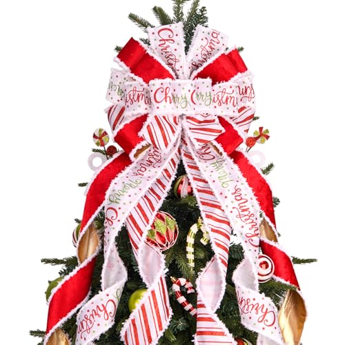 Christmas Tree Topper Bow Christmas Wreath Bow 45x12 Inches Large Burlap with White Red Polyester Edge Gift Bow for Xmas Tree D??cor Christmas Home Indoor Outdoor Decoration