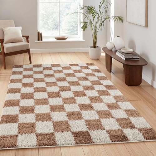 Rugs by Desire Chester Living Room Shaggy Area Rug Modern - Contemporary Checkered Design 30mm Plush Pile Jute Backing Soft Woven Carpet -Hallway Runner Indoor Rug, Terracotta, 120x170 cm