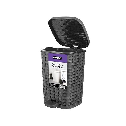 Superio Wicker Step On Trash Can with Foot Pedal ??? Outdoor and Indoor Grey 6 qt Trash Can, Waste Basket for Bathroom, Kitchen, Office, Patio, or Backyard