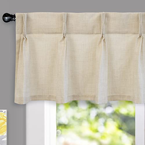 DriftAway Pinch Pleat Valance for Kitchen Window Faux Linen Textured Solid Beige Valance for Living Room 16 Inch Light Filtering Farmhouse Linen Curtain Valance Window Treatment Back Tab 50x16 Beige