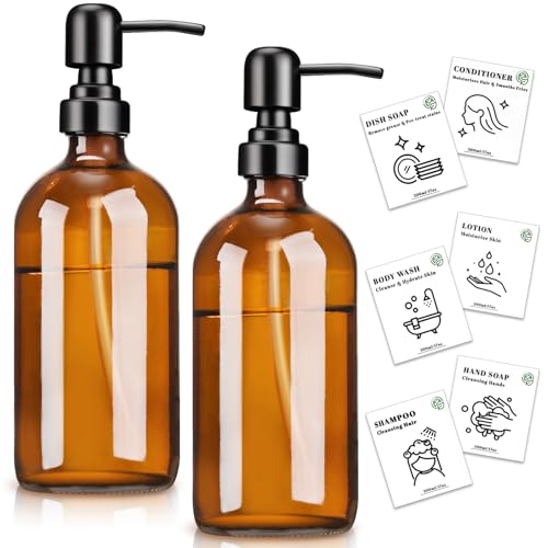 Euqvunn 500ml Amber Glass Soap Dispenser, 2 Pack Refillable Glass Pump Bottle with Stainless Steel Pump, Dish and Hand Soap Dispenser for Kitchen & Bathroom, 6 Waterproof Labels Pump Bottle Dispenser