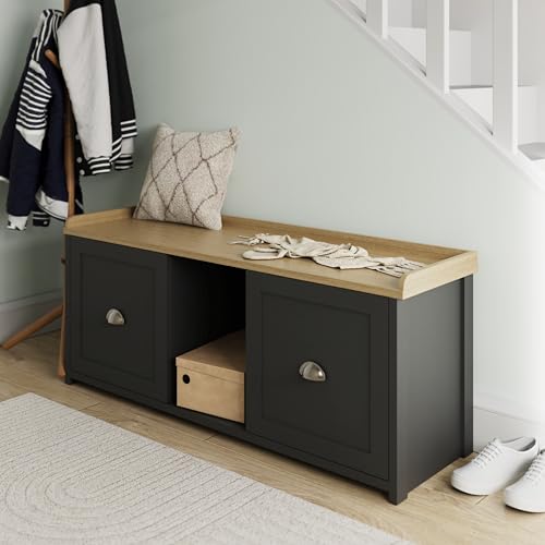 GFW Lancaster Black 2 Door Shoe Bench, Hallway Storage Bench with Adjustable Shelves & Oak Effect Top