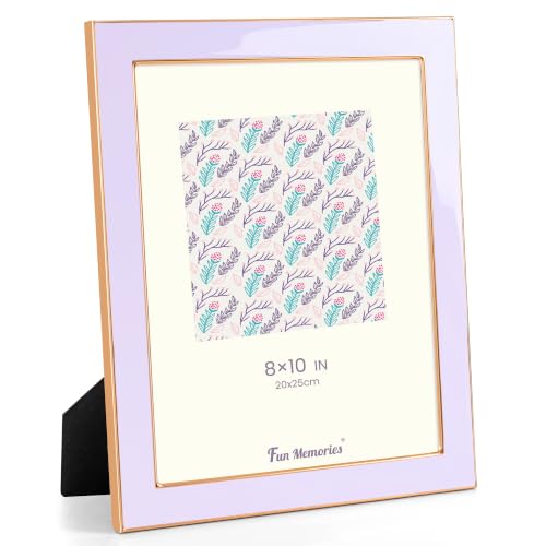Fun Memories 8x10 Picture Frame - 1pcs Purple Enamel Glass Photo Frame with Gold Metal Edge & Easel for Display Picture Frame on Countertops, Tabletops, Bookshelves, Desks, Walls (Purple/Gold)