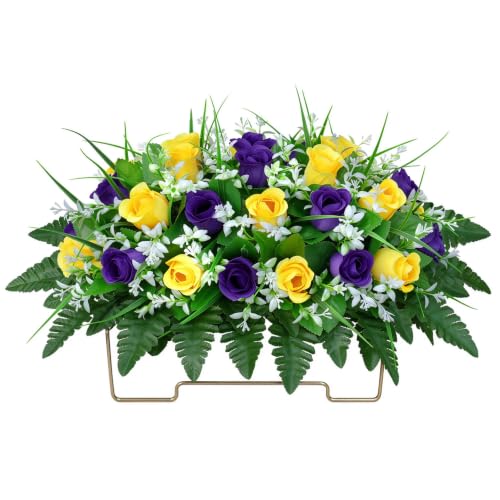 LVXINLI Artificial Cemetery Flowers Saddle-Shaped Tombstone Decorations Non-Fading UV-Resistant??? Yellow+Purple saddle???
