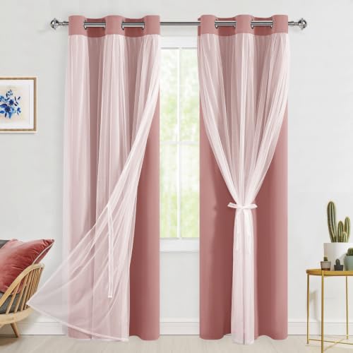 Hiasan Blackout Curtains with Sheer Overlay,Thermal Insulated Mix & Match Double Layer Room Darkening Curtains for Bedroom,Living Room,Nursery,2 Window Panels Sewn with Tiebacks,Dusty Rose,52W X 84L