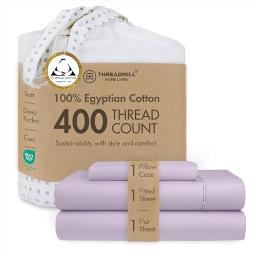 "Threadmill 400TC Egyptian Cotton Twin XL Sheet Set, Sateen, Lilac, 3-Piece - 100% Egyptian Cotton, Sateen Weave, 3-Piece Set, 15"" Deep Pocket, Cooling, OEKO-TEX Certified, Machine Washable"