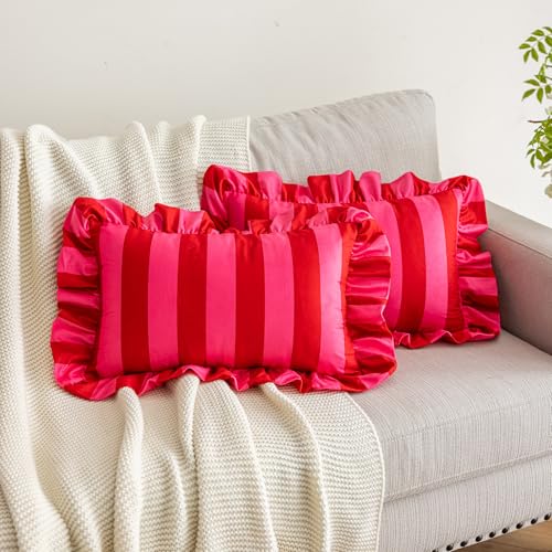 "vctops Ruffle Lumbar Throw Pillow Covers Boho Pink and Red Striped Decorative Pillowcases Set of 2, Soft Velvet Accent Cushion Cover Cases for Sofa Bed Living Room Decor (Pink,12""x20"")"