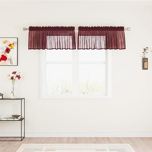 UPOPO Burgundy Red Sheer Tier Curtains 16 inches Long Voile Kitchen Tiers Linen Textured Cafe Curtains Bathroom Basement Short Small Curtain Panels for Door Half Window Curtains 2 Panels Rod Pocket