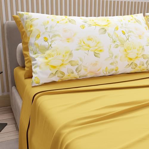 PETTI Artigiani Italiani - Cotton Sheets with Pillowcases in Digital Print, French Queen, Complete Top and Bottom Sheet with Corners, Valencia Yellow, 100% Made in Italy