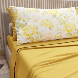 PETTI Artigiani Italiani - Cotton Sheets with Pillowcases in Digital Print, French Queen, Complete Top and Bottom Sheet with Corners, Valencia Yellow, 100% Made in Italy